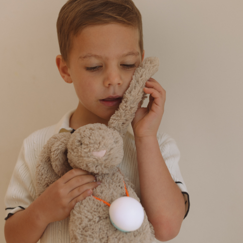 Boy cuddling a plush bunny wearing Snuggo